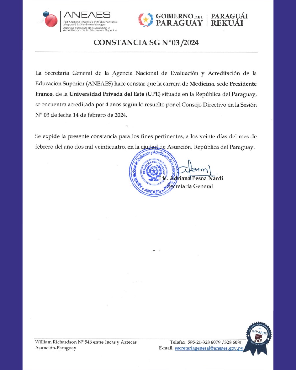 Carrera de Medicina de la UPE Presidente Franco Acreditada por la ANEAES 